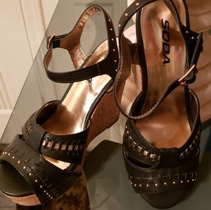 SODA cork heel black/gold accent women's wedges